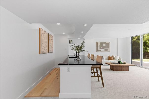 Dining room, Interior, Recessed Lighting, Wood Texture Flooring