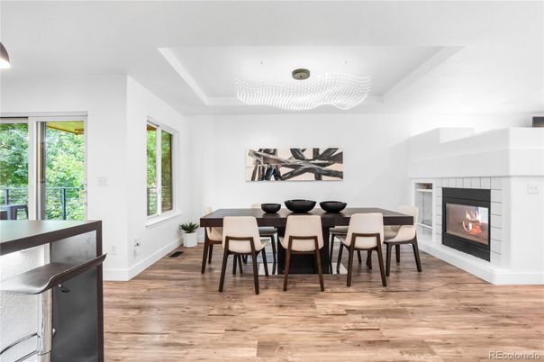 Chandelier, Dining room, Fireplace, Interior, Wood Texture Flooring