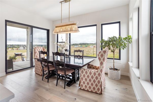 Dining room, Interior, Pendant Lights, Wood Texture Flooring