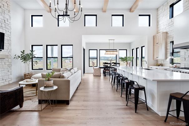 Chandelier, Dining room, Interior, Kitchen, Living room, Pendant Lights, Stone Walls, Wooden Beams, Wood Texture Flooring