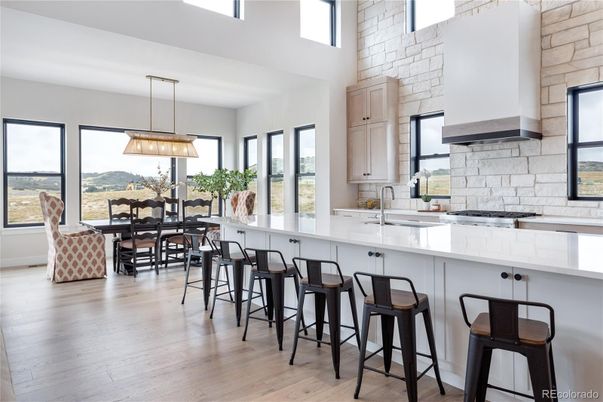 Dining room, Interior, Kitchen, Pendant Lights, Stone Walls, Wood Texture Flooring