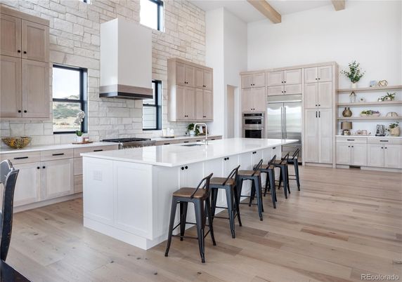 Interior, Kitchen, Stainless Steel Appliances, Stone Walls, Wooden Beams, Wood Texture Flooring