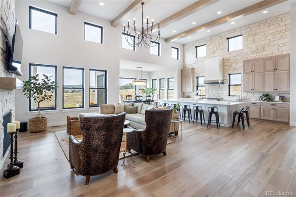 Fireplace, Interior, Kitchen, Living room, Pendant Lights, Recessed Lighting, Stone Walls, Wooden Beams, Wood Texture Flooring