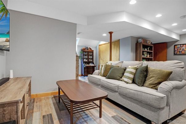 Dining room, Interior, Living room, Recessed Lighting, Wood Texture Flooring