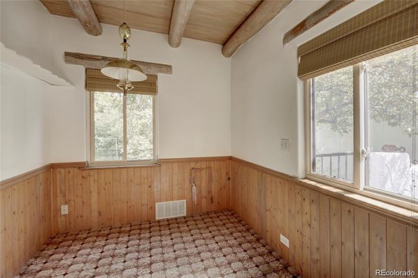 Empty room, Interior, Pendant Lights, Wooden Beams, Wooden Ceilings, Wooden Walls