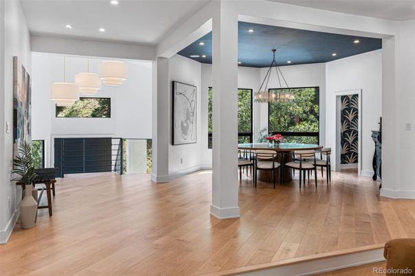 Chandelier, Dining room, Interior, Pendant Lights, Recessed Lighting, Wood Texture Flooring