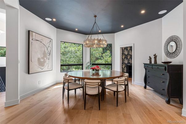 Chandelier, Dining room, Interior, Recessed Lighting, Wood Texture Flooring