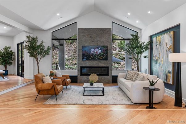 Fireplace, Interior, Living room, Recessed Lighting, Wood Texture Flooring