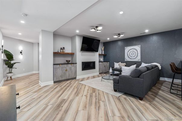 Fireplace, Interior, Living room, Recessed Lighting, Wood Texture Flooring