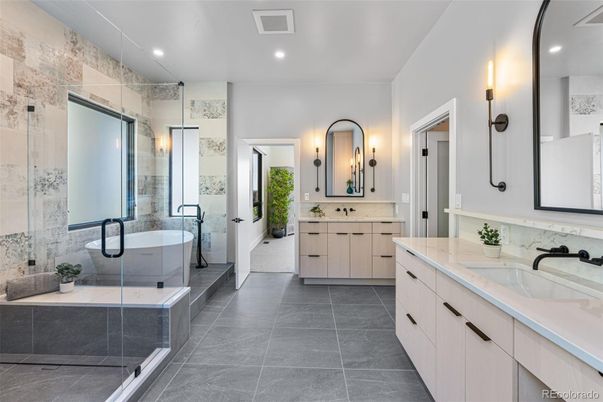 Bathroom, Dual Sink Vanities, Free Standing Baths, Glass Shower, Interior, Recessed Lighting