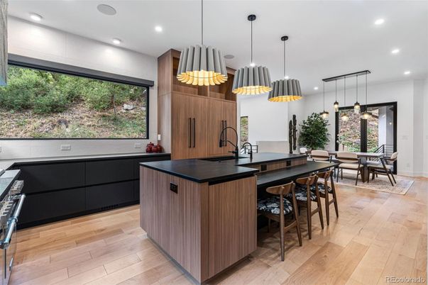 Dining room, Interior, Kitchen, Pendant Lights, Recessed Lighting, Wood Texture Flooring