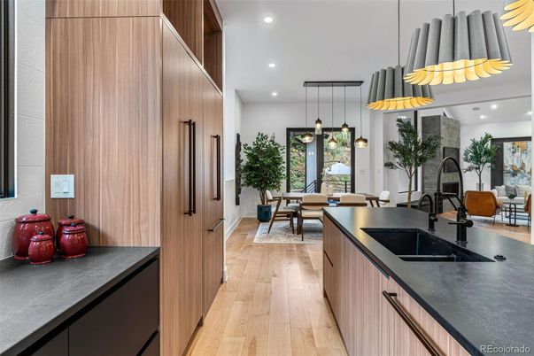 Dining room, Fireplace, Interior, Kitchen, Living room, Pendant Lights, Recessed Lighting, Wood Texture Flooring