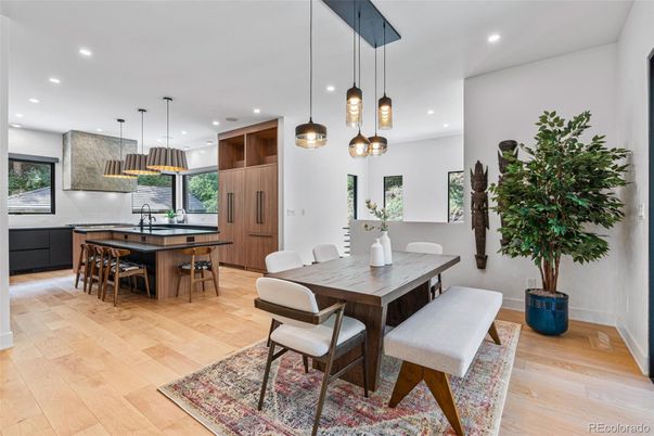Dining room, Interior, Kitchen, Pendant Lights, Recessed Lighting, Wood Texture Flooring