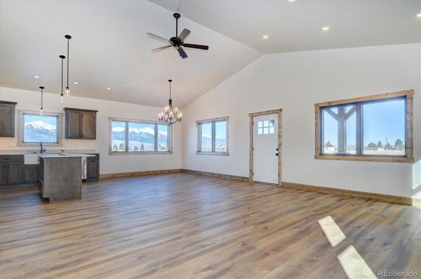 Chandelier, Empty room, Interior, Kitchen, Pendant Lights, Recessed Lighting, Wood Texture Flooring
