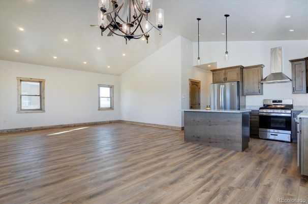 Chandelier, Interior, Kitchen, Pendant Lights, Recessed Lighting, Stainless Steel Appliances, Wood Texture Flooring