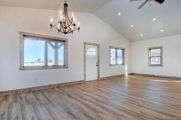 Chandelier, Empty room, Interior, Recessed Lighting, Wood Texture Flooring