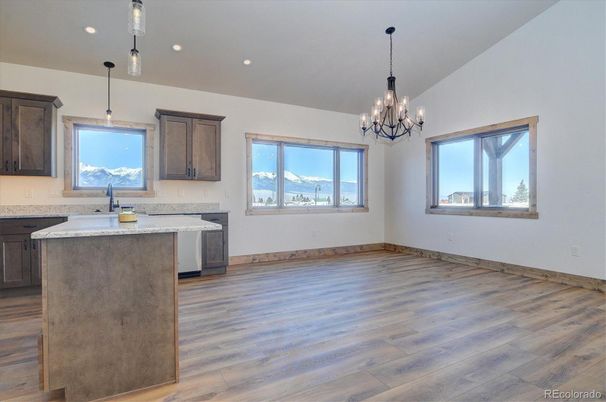 Chandelier, Interior, Kitchen, Pendant Lights, Recessed Lighting, Wood Texture Flooring