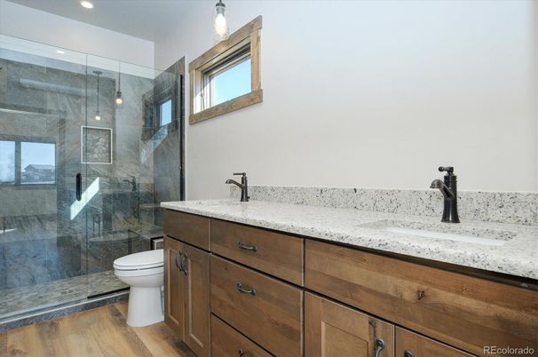 Bathroom, Glass Shower, Interior, Recessed Lighting, Wood Texture Flooring