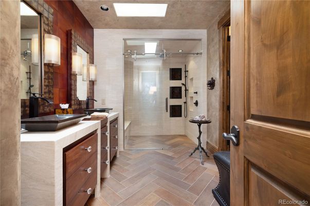 Bathroom, Dual Sink Vanities, Glass Shower, Interior, Recessed Lighting, Wood Texture Flooring