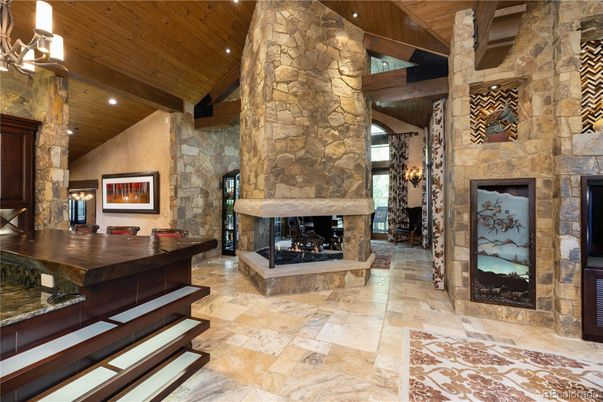 Fireplace, Interior, Pendant Lights, Recessed Lighting, Stone Walls, Wooden Beams, Wooden Ceilings