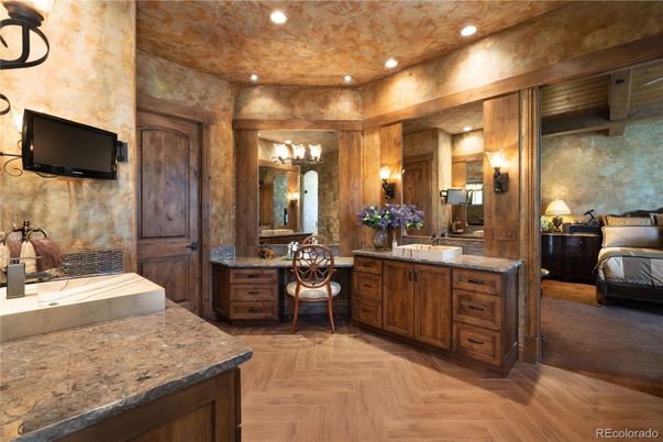 Bathroom, Dual Sink Vanities, Interior, Recessed Lighting, Wood Texture Flooring