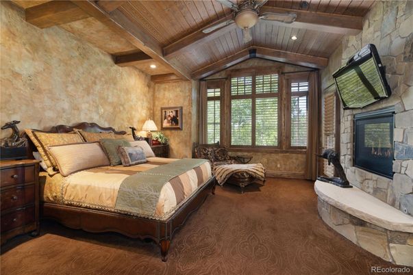 Bedroom, Fireplace, Interior, Recessed Lighting, Stone Walls, Wooden Beams, Wooden Ceilings