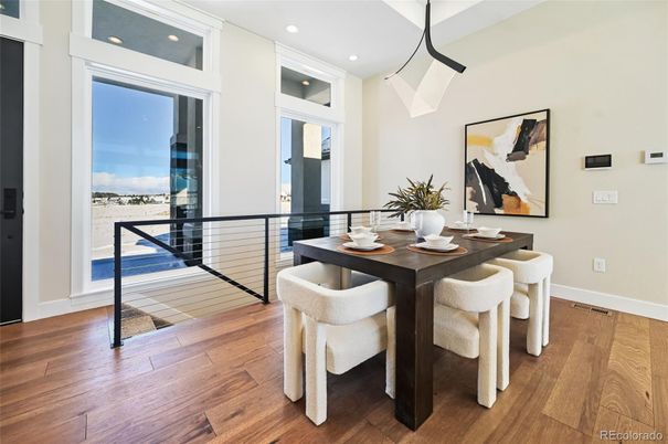 Dining room, Interior, Pendant Lights, Recessed Lighting, Wood Texture Flooring
