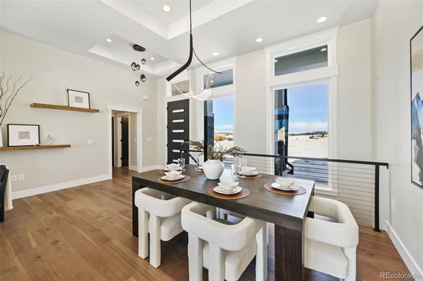 Dining room, Interior, Pendant Lights, Recessed Lighting, Wood Texture Flooring