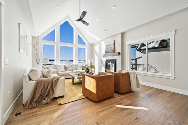 Fireplace, Interior, Living room, Recessed Lighting, Wood Texture Flooring