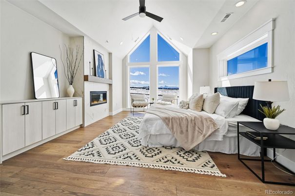 Bedroom, Fireplace, Interior, Recessed Lighting, Wood Texture Flooring