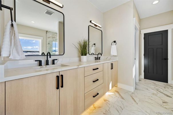 Bathroom, Dual Sink Vanities, Interior, Marble, Recessed Lighting