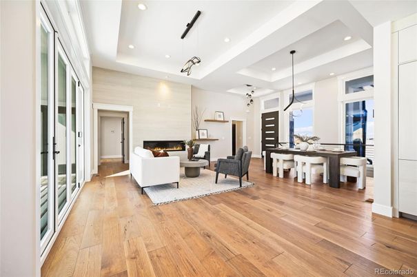 Dining room, Fireplace, Interior, Living room, Pendant Lights, Recessed Lighting, Wood Texture Flooring
