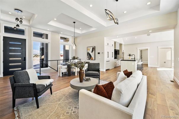 Interior, Kitchen, Living room, Pendant Lights, Recessed Lighting, Wood Texture Flooring