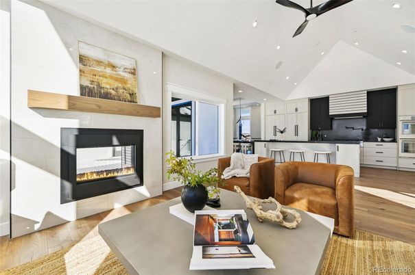 Fireplace, Interior, Kitchen, Living room, Recessed Lighting, Wood Texture Flooring