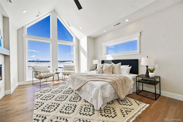 Bedroom, Fireplace, Interior, Recessed Lighting, Water, Wood Texture Flooring