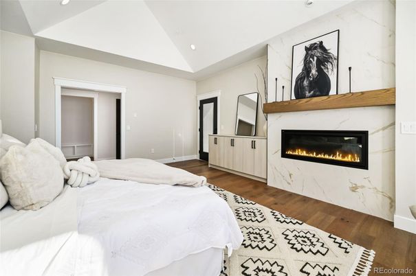 Bedroom, Fireplace, Interior, Recessed Lighting, Wood Texture Flooring