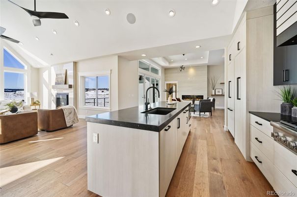 Dining room, Fireplace, Interior, Kitchen, Living room, Pendant Lights, Recessed Lighting, Stainless Steel Appliances, Wood Texture Flooring