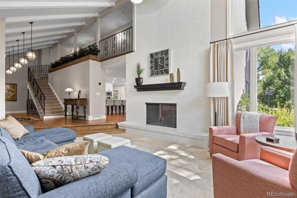 Dining room, Fireplace, Interior, Living room, Pendant Lights, Stone Walls