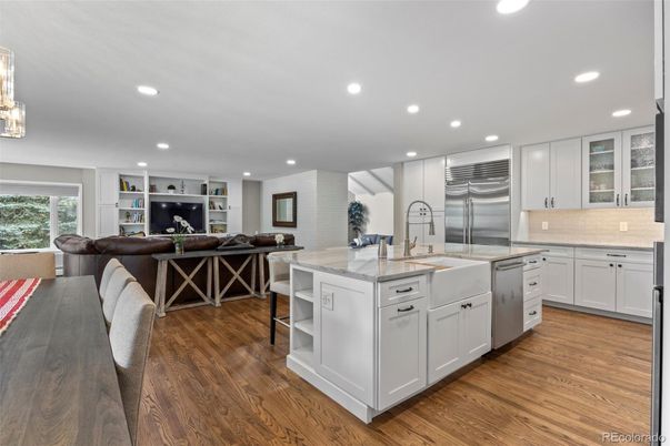 Interior, Kitchen, Living room, Recessed Lighting, Stainless Steel Appliances, Wood Texture Flooring