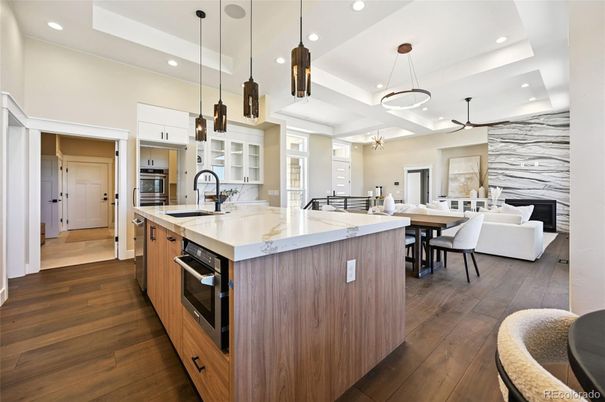 Dining room, Interior, Kitchen, Living room, Pendant Lights, Recessed Lighting, Stainless Steel Appliances, Wood Texture Flooring