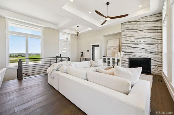 Fireplace, Interior, Living room, Pendant Lights, Recessed Lighting, Stone Walls, Wood Texture Flooring