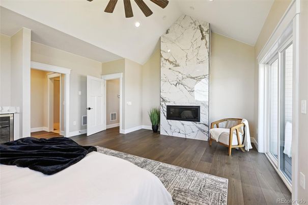 Bedroom, Fireplace, Interior, Marble Walls, Recessed Lighting, Wood Texture Flooring