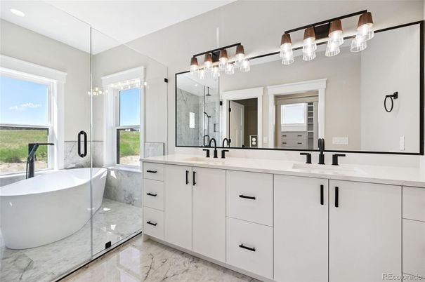 Bathroom, Dual Sink Vanities, Free Standing Baths, Glass Shower, Interior, Marble, Marble Walls