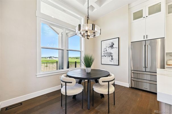 Chandelier, Dining room, Interior, Pendant Lights, Stainless Steel Appliances, Wood Texture Flooring