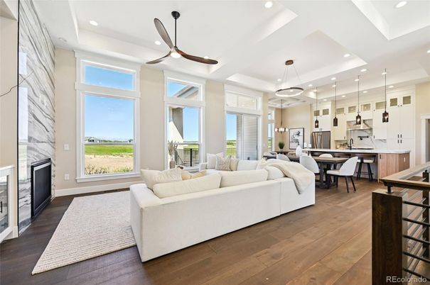 Dining room, Fireplace, Interior, Kitchen, Living room, Pendant Lights, Recessed Lighting, Wood Texture Flooring