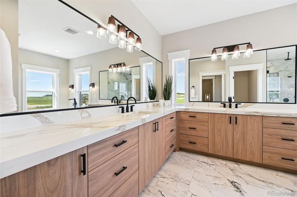 Bathroom, Dual Sink Vanities, Interior, Marble, Recessed Lighting