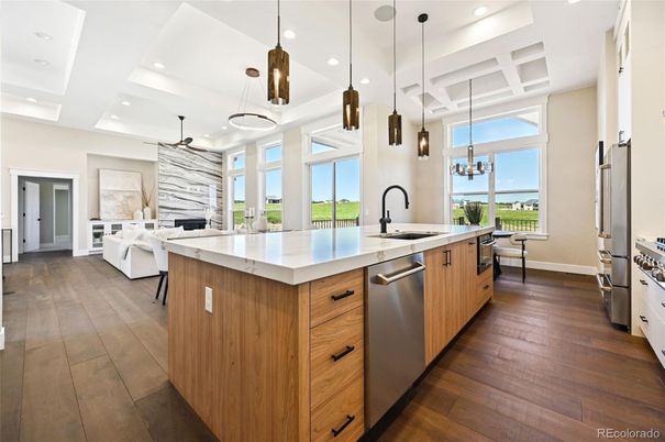 Interior, Kitchen, Living room, Pendant Lights, Recessed Lighting, Stainless Steel Appliances, Water, Wood Texture Flooring