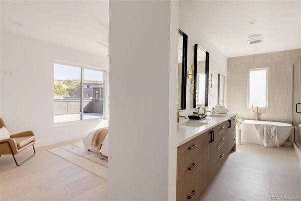 Bathroom, Bedroom, Dual Sink Vanities, Interior, Recessed Lighting, Wood Texture Flooring
