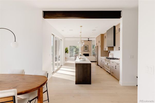Dining room, Interior, Kitchen, Pendant Lights, Recessed Lighting, Wood Texture Flooring