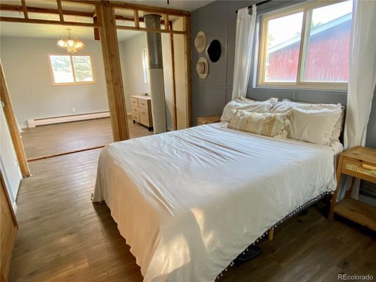 Bedroom, Chandelier, Interior, Wood Texture Flooring
